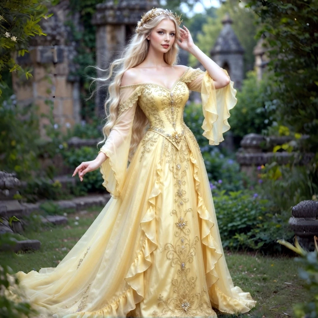 Embroidery Yellow Dress - Средневековое желтое платье феи для выпускного