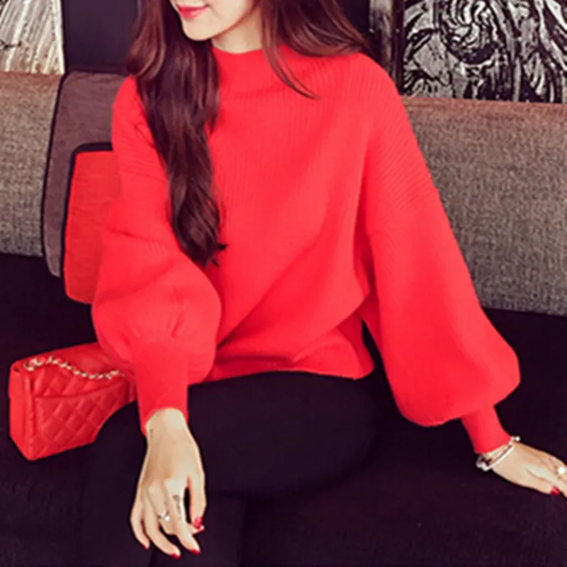 Casual Solid Slim Knitwear Sweet Lantern Sleeve Knit Top Women's Autumn Winter Retro Half High Collar Sweater Elegant Pullover