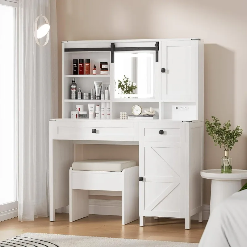 Makeup Vanity with Sliding Mirror and Lights, Built-in Power Strip, with 2 Silent Sliding Drawers & Storage Cabinets