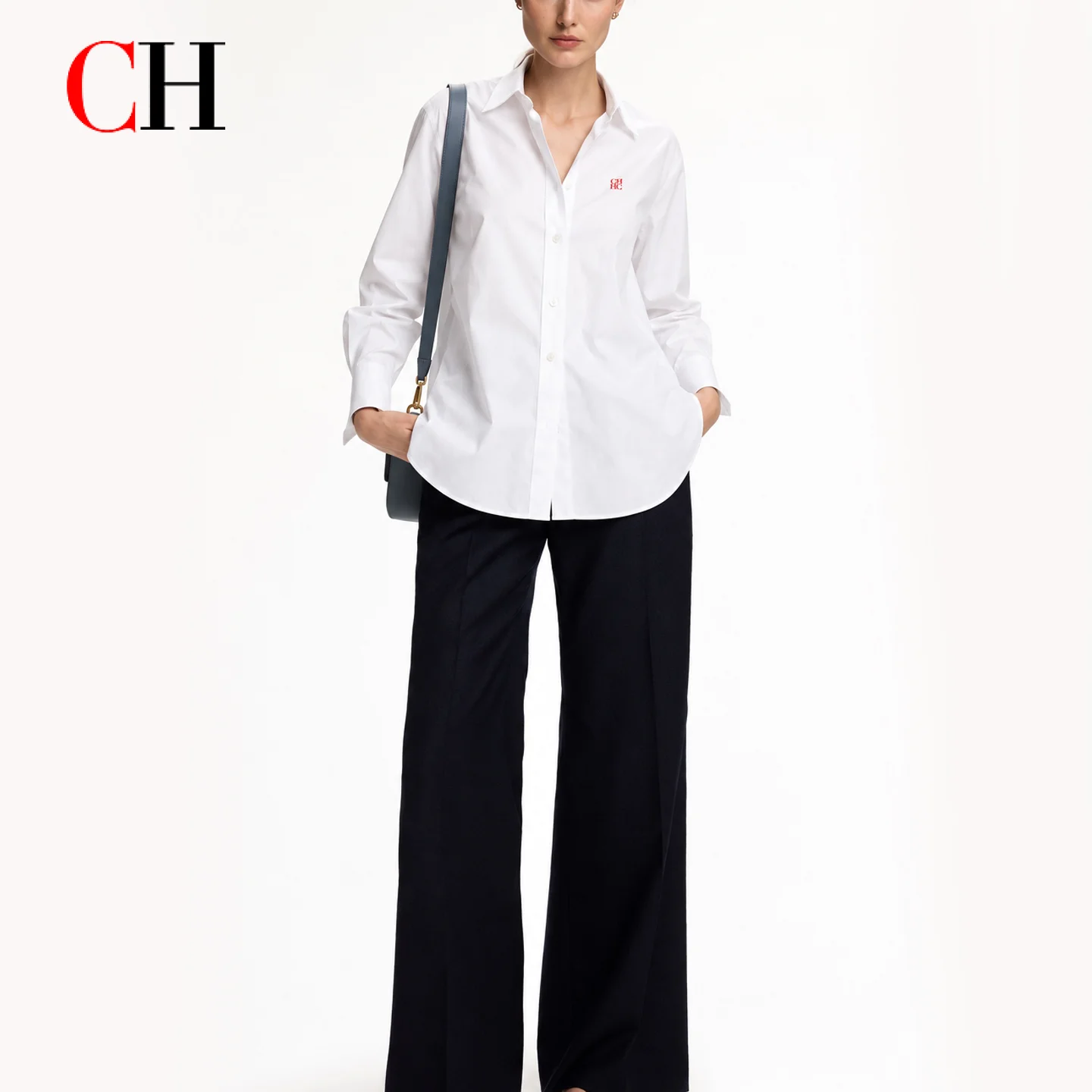 CH Women White Button Down Shirt Long Sleeve Blouse Elegant Casual Office Workwear Loose Fit Classic Tops