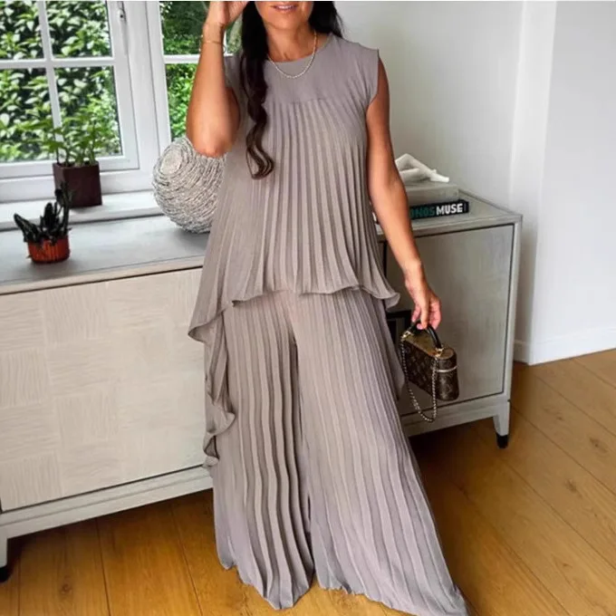 

Casual Solid Color Pleated Tops Wide-leg Pants Suit Women 2025 Summer Loose Rags Sleeve Tops Wide-leg Pants Suit For Women