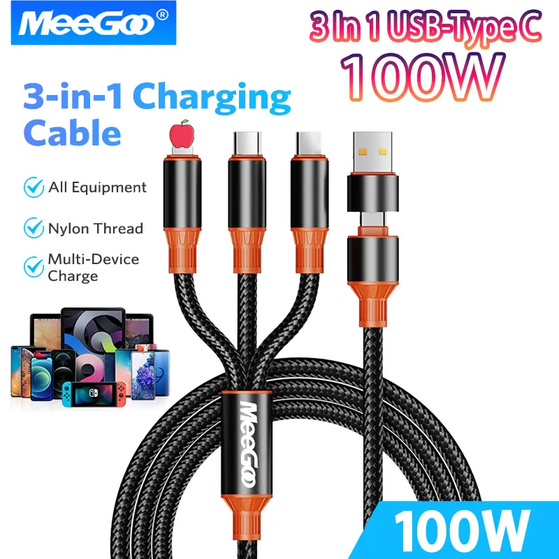 MeeGoo 3-in-1 USB Type C Cable 100W Charger for iPhone 15/14/13/12 Pro MacBook Samsung Xiaomi - Micro USB Type C Cord
