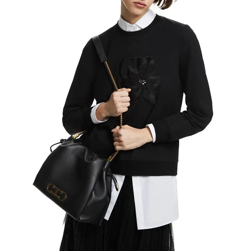 2025 Jersey para mujer, sudadera informal negra con cuello redondo, Top bordado, tiradores de manga larga para otoño e invierno, ropa de calle lujosa