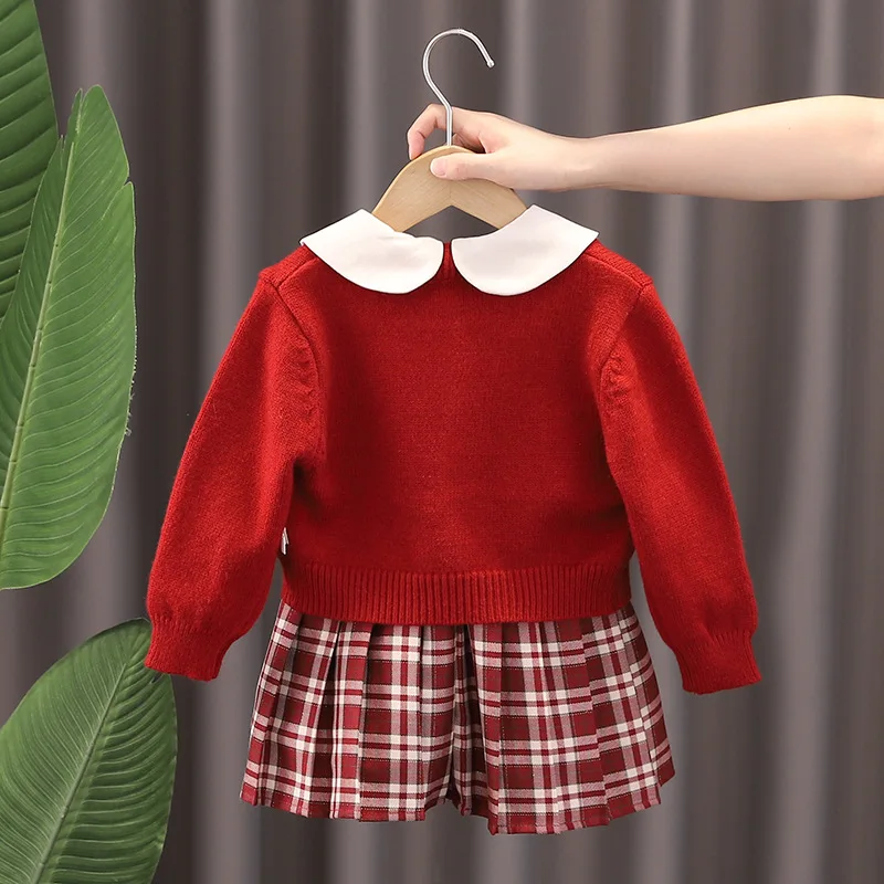 1-6Y Girls Autumn Winter Clothes Set Heart Button Round Collar Kids Girls Cardigan Plaid Peter Pan Collar Girls Sundress Outfit