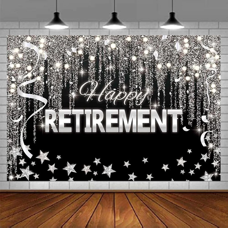 Happy Retirement Photography Backdrop Black And Silver Glitter Shiny Stars Background Man Woman Party Banner Cake Table Decor