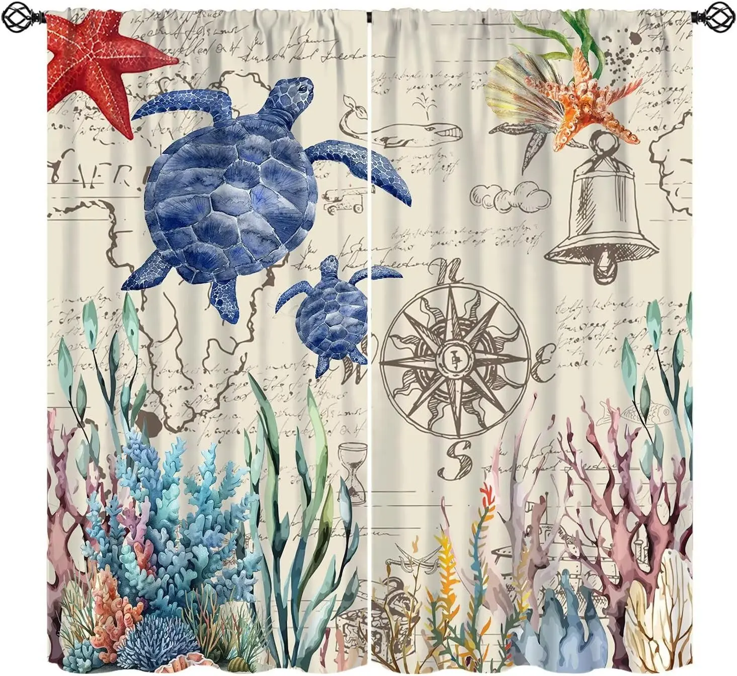 Watercolor Marine Turtle Window Curtain Blue Tortoise Coral Starfish Retro Compass Script Rod Pocket Panels Beach Apartment Home