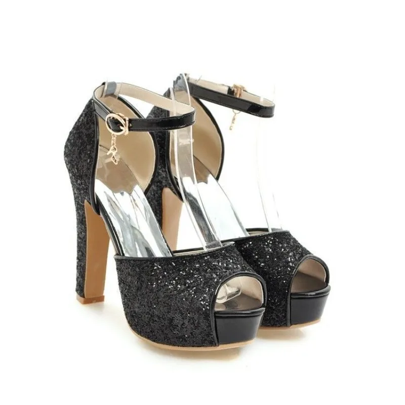 

2025 New Fashion Women Sandal Buckle Strap 12.5CM Square Heels New European and American Fashion Sequins Women Shoes
