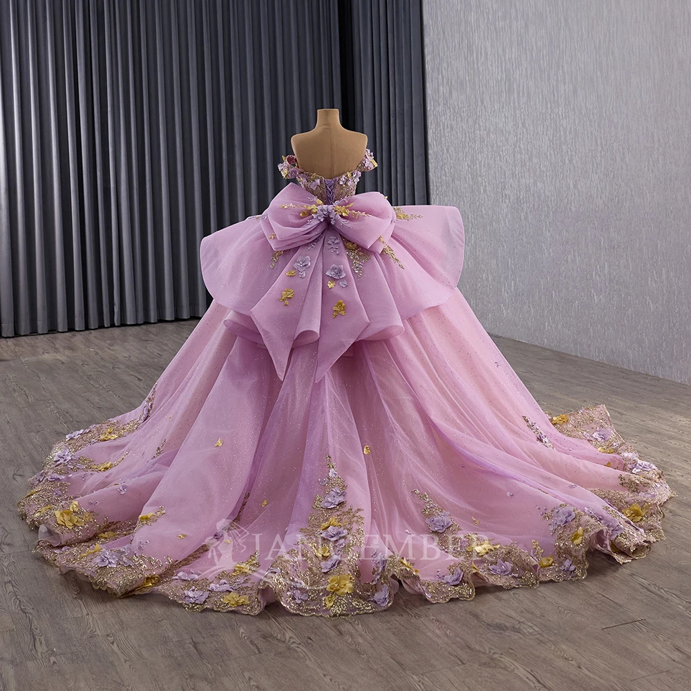 Fashionable Royal Train 15 Quinceanera Ball With Bow Gown Off the Shoulder Organza Applique Vestidos De Graduaction Customized