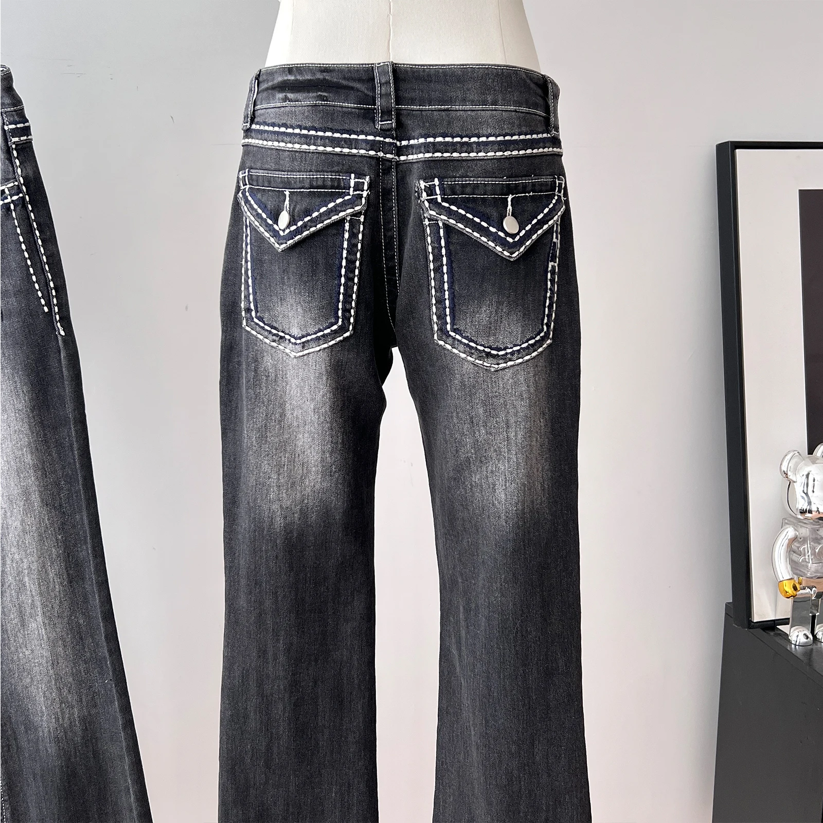 جينز نسائي منخفض الخصر قابل للتمدد نحيف متوهج للسيدات لربيع وخريف ملابس الشارع ضيقة بطول كامل جينز مقطوع #5