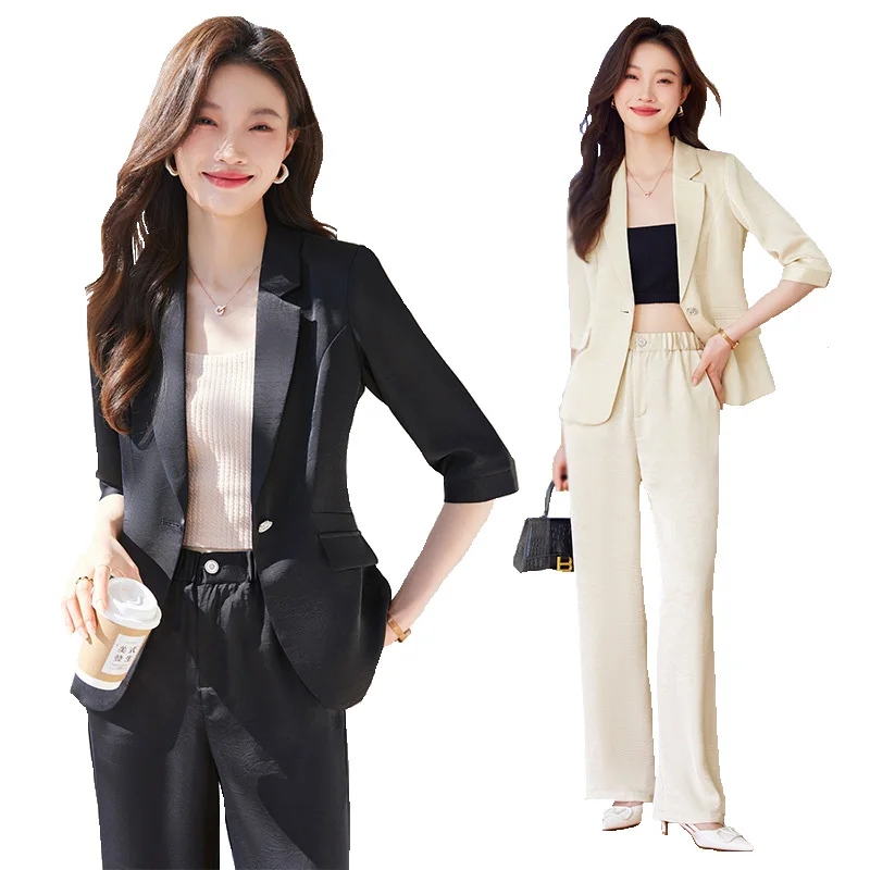 

High End Print Suits Women New Spring Summer Fashion Temeprament Business Half Sleeve Blazer And Pants Office Ladies Work Wear