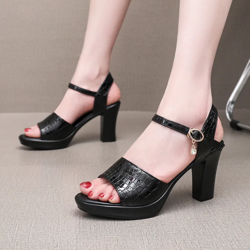 Patent Leather Coarse Following 8CM Buckle Strap Platform High Hees Size 32 -43 Open Toe Sandals Summer Party Club Women's Shoes