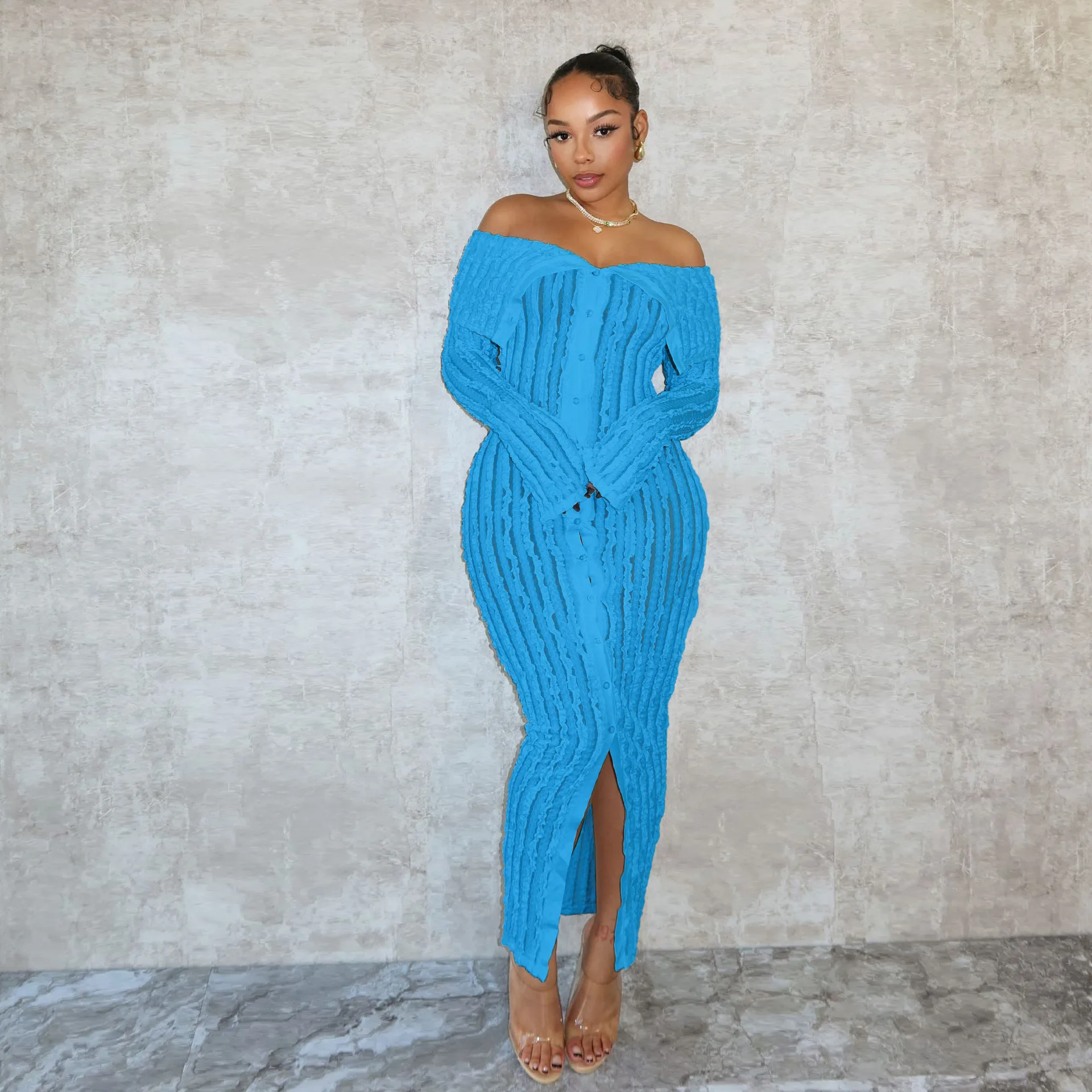 Bodycon 맥시 드레스 여성 섹시한 오프 숄더 메쉬 쉬어 싱글 브레스트 웨이브 스트라이프 나이트 클럽 파티 롱 드레스 생일