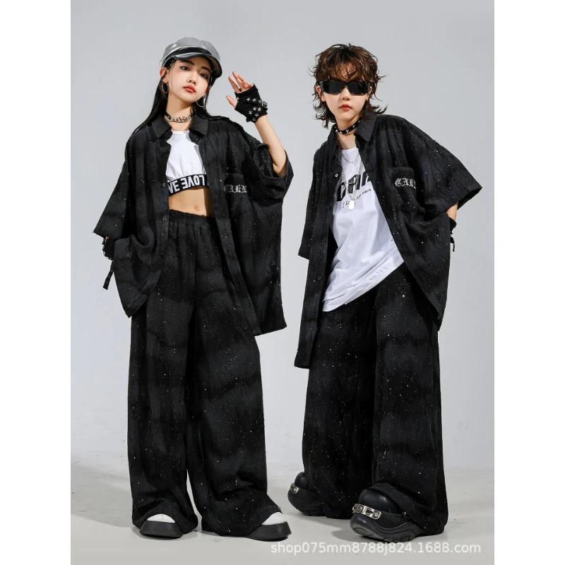 Street Dance Children's Black Dance Trendy Dress Boys' Street Explosion Hip Hop Set Girls' Jazz Dance Fashion Show Dress Cool
