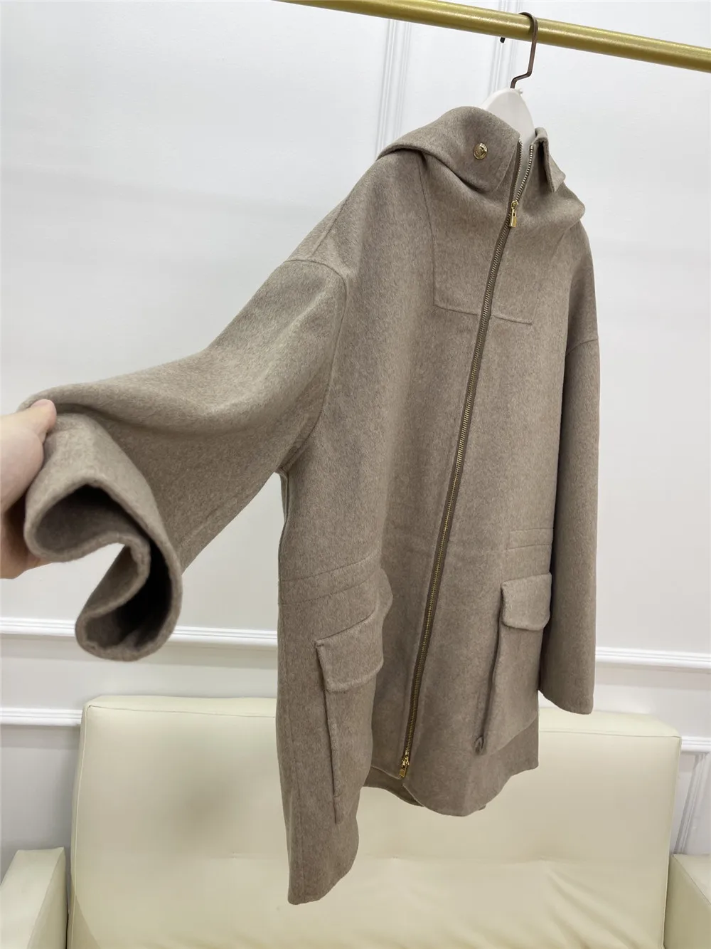 2024 L*P Cashmere Wool Hooded Jacket Drawstring Slim Waist Coat Autumn Winter New