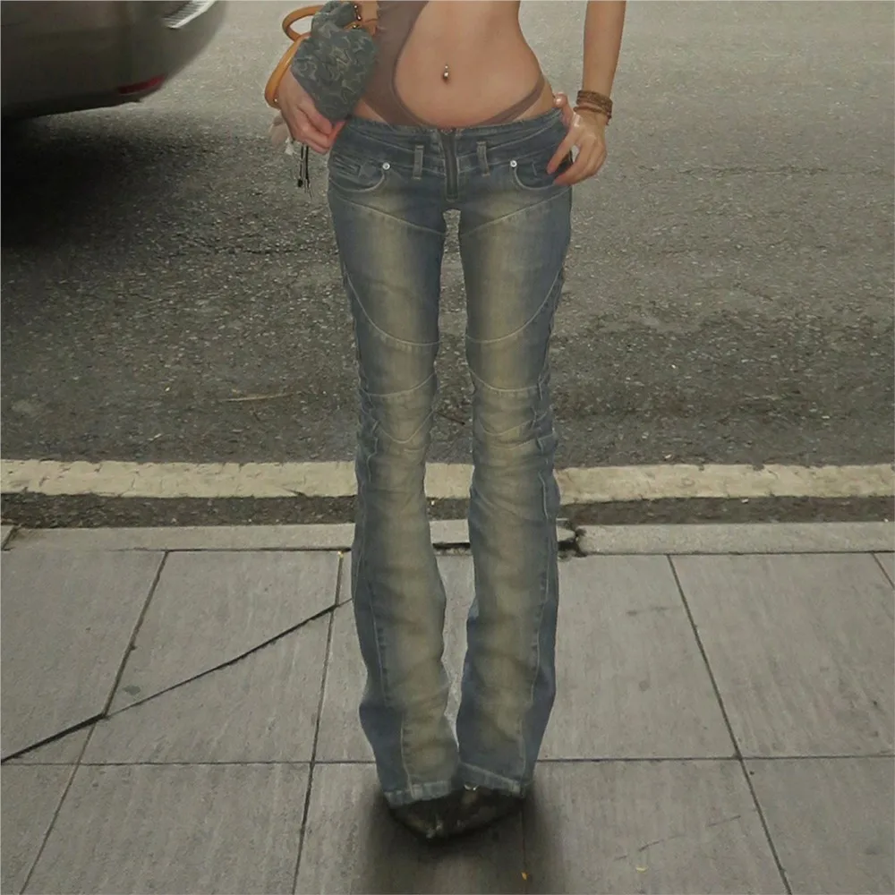 여성 의류 트렌디 빈티지 청바지 스트릿 스타일 로우 웨이스트 팬츠 슬림 롱 팬츠 여성용 패치워크 올매치 솔리드 컬러