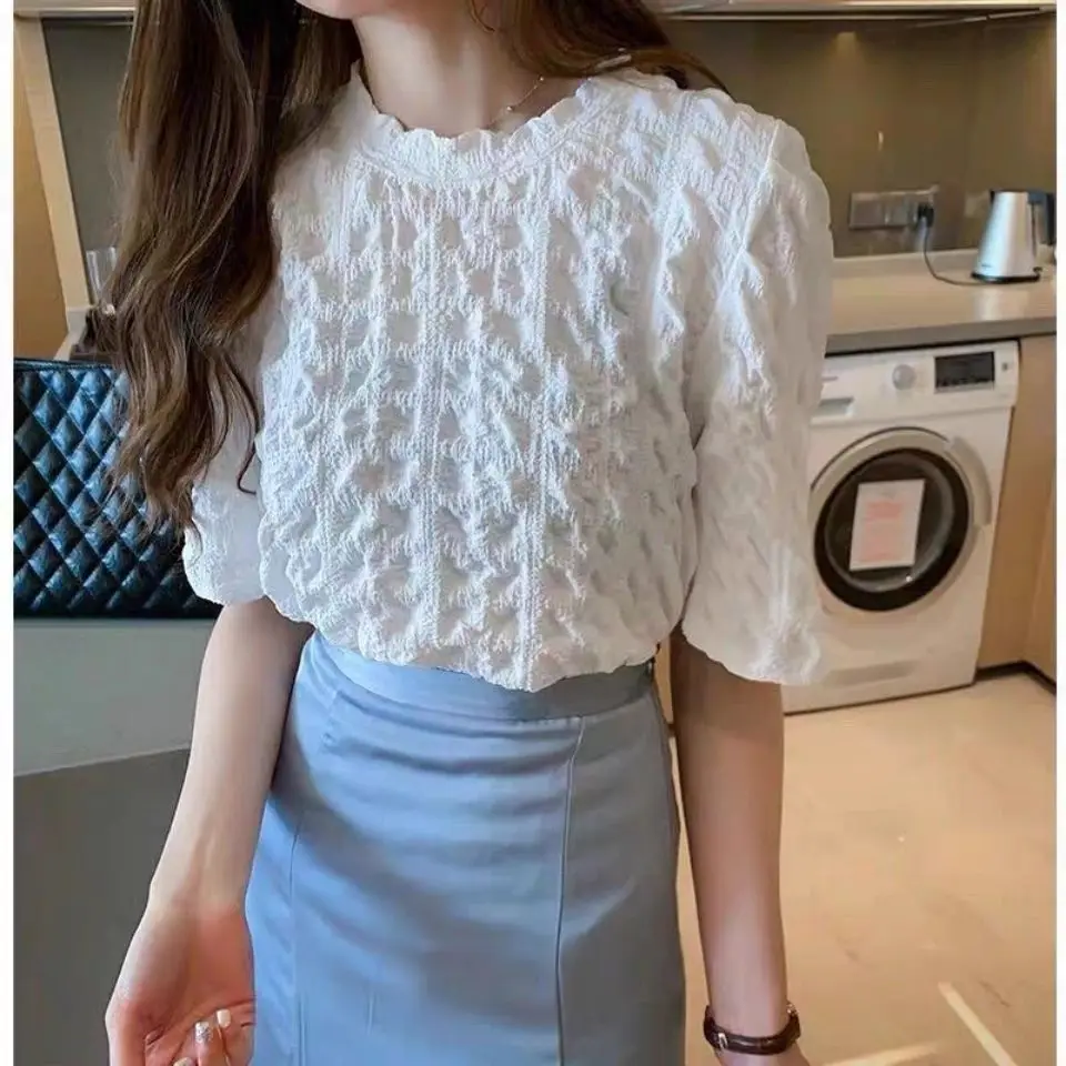 

2024 New Summer Chic Fashion Versatile Pullovers Bubble Sleeves Basic Loose Round Neck Solid Colors Folds Women's Shirt Top