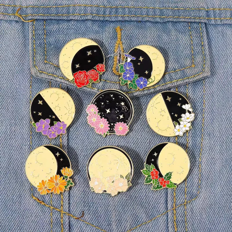 Pin de esmalte de fase lunar de 8 estilos, insignias de flores rosas personalizadas, broches de solapa de mochila de ropa de Metal, regalo de joyería para amigos, venta al por mayor