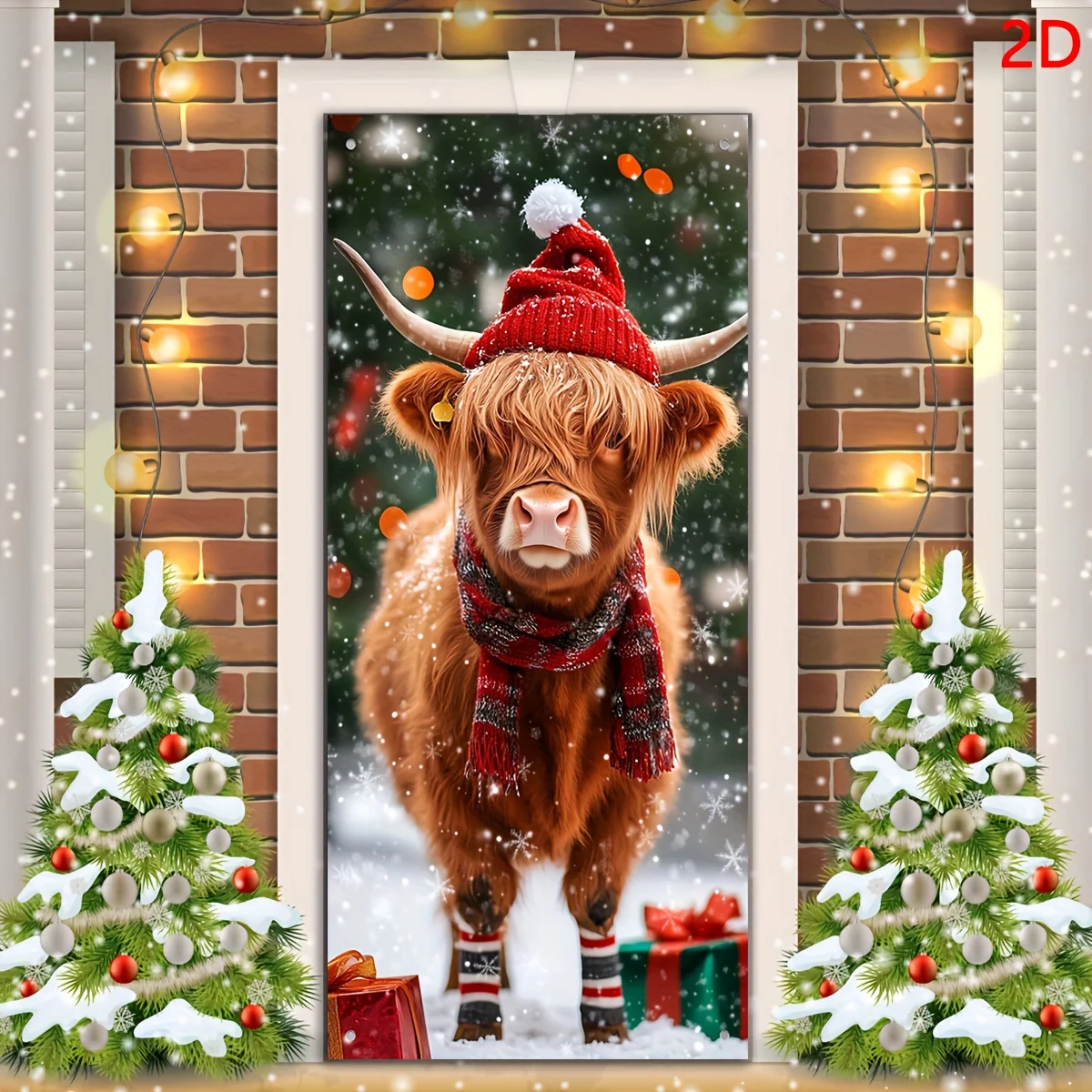 خطة ثنائية الأبعاد، قطعة واحدة، زخرفة بوابة البقرة الاسكتلندية لعيد الميلاد، غطاء زينة لطيف للعطلات #6