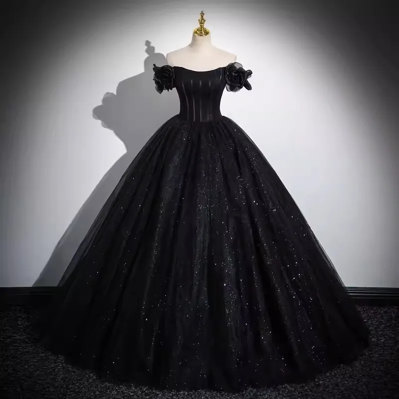 Customized Gothic Black Prom Dresses Ball Gown Off Shoulder Tulle Women Forma Evening Dress Sweet 15 16 Quinceanera Party Wear