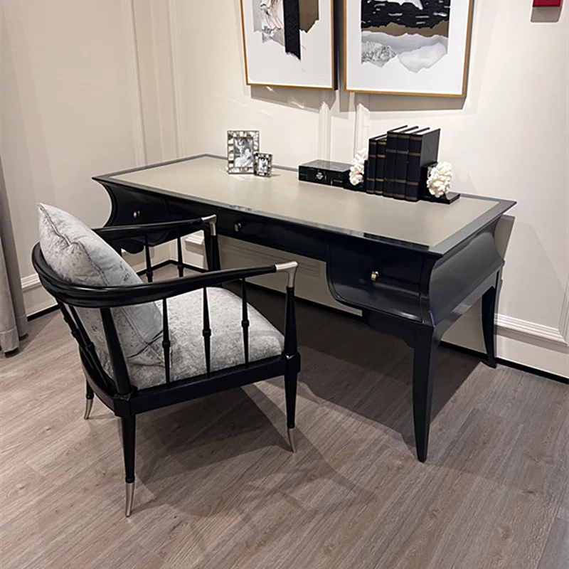 

Black all solid wood desk American home study bedroom European French retro small apartment computer desk writing table