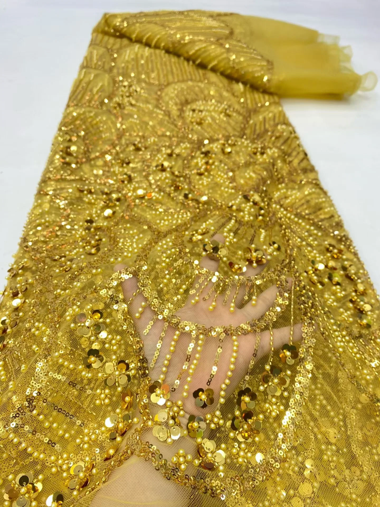 

Высококачественная африканская нигерийская вышитая ткань из тюля с пайетками и бисером для пошива платьев, 5 ярдов, DP0496