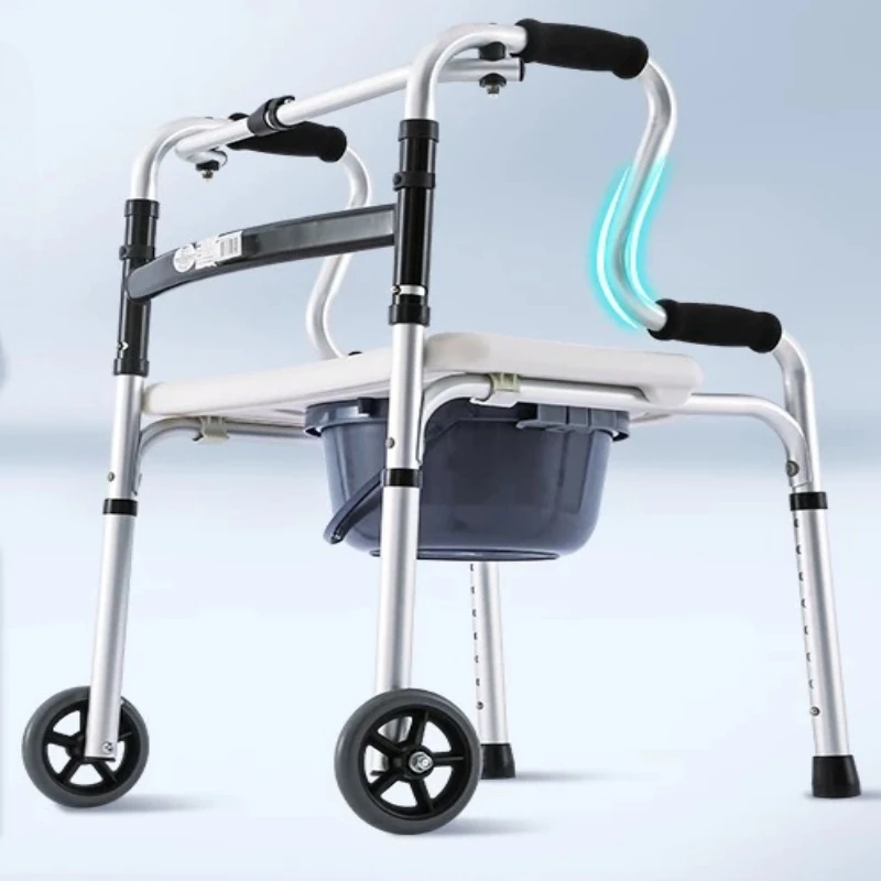 

Foldable 4 Leg Rollator Walker, Height Adjustable Elderly Walking Aid, Soft Leather Seat & EVA Backrest, Stand Assist Frame