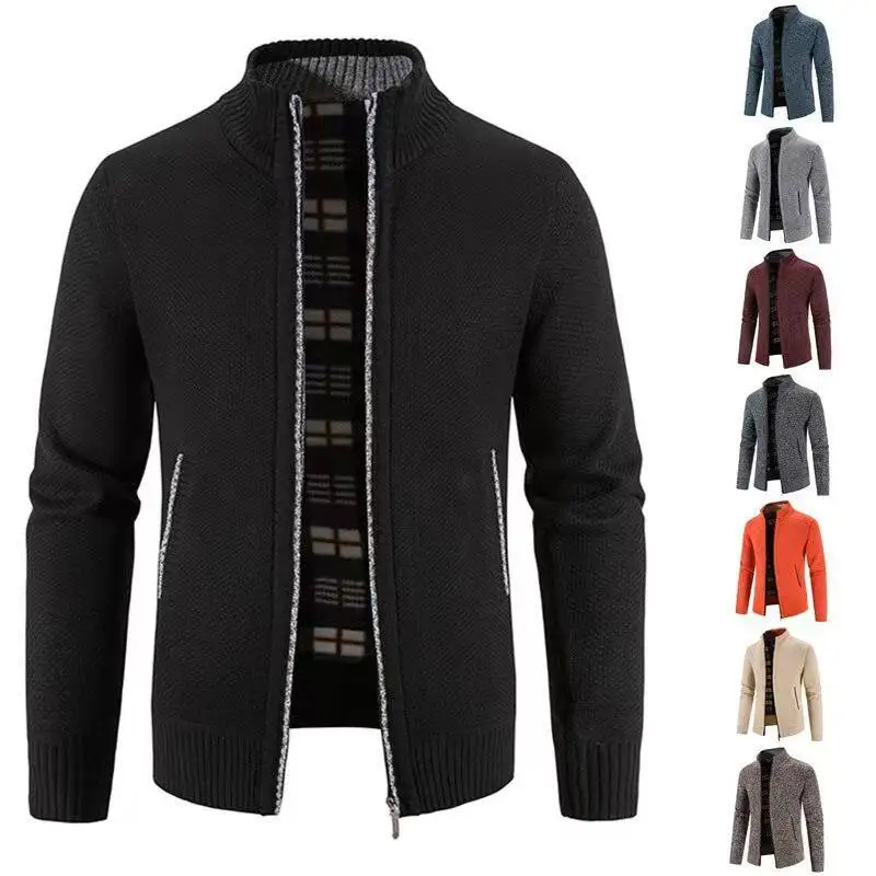 

Men's Fce Lined Knitted Cardigan Sweater Large Size Stand Collar Warm Outerwear Cotton Coolmax Fiber Long Sve Ciwalk