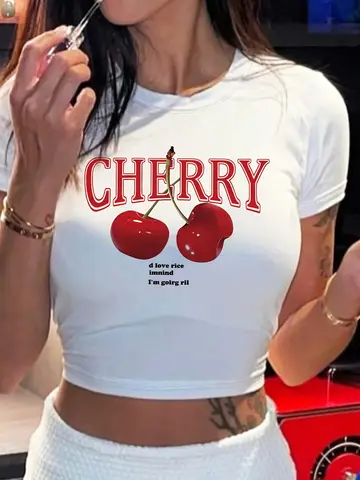 T-shirt court à col rond imprimé cerise – Haut à manches courtes inspiré du Y2K vibrant pour le printemps et l'été, vêtements à la mode pour femmes