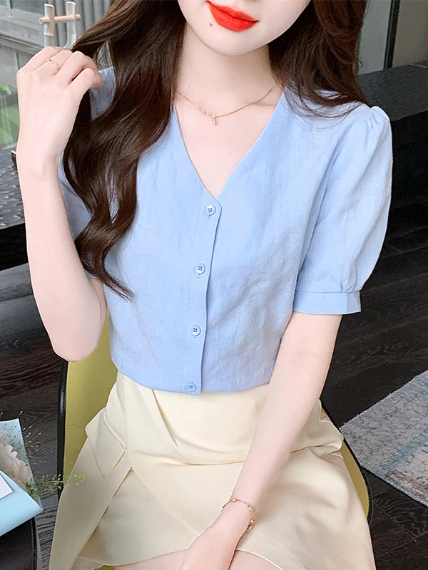 

Новая летняя женская хлопковая футболка с коротким рукавом, модный топ с V-образным вырезом, приталенный крой, корейский стиль, с завышенной талией, для повседневной носки