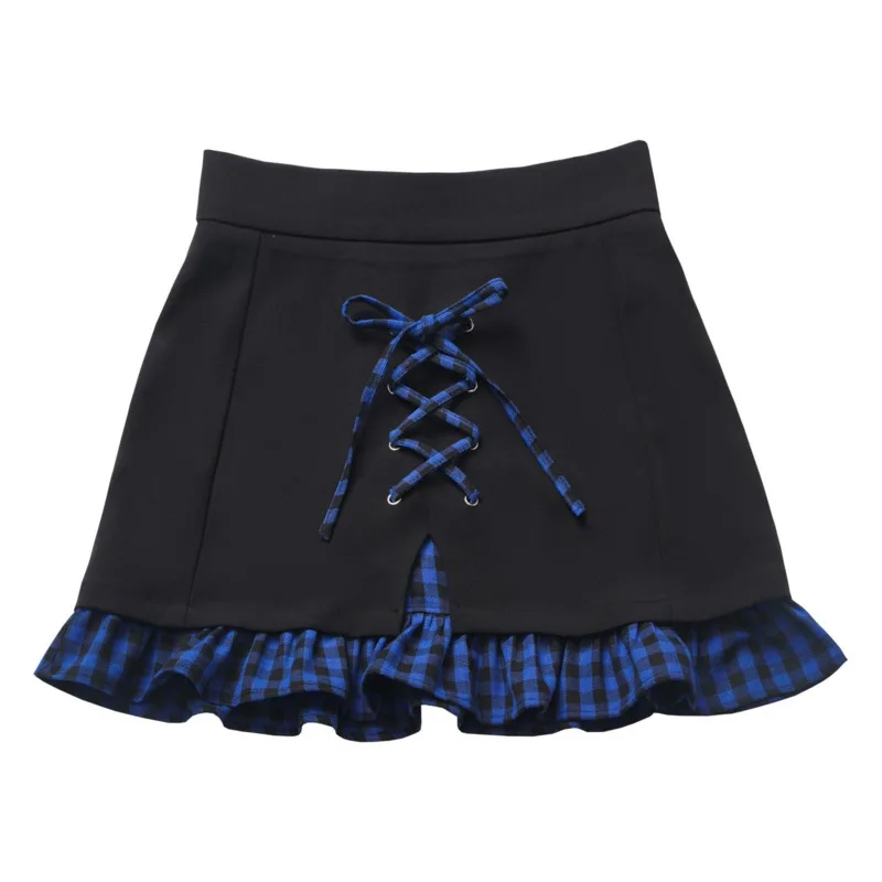 Cat Ear Blue Lattice Sweater Hoodie Top Set Summer Love Button Y2K Splicing Japan Strap Anime JK Cos A-line Skirt Top Suit New