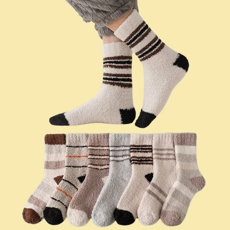 

3/6 Pairs New High Quality Men's Thick Socks Breathable Coral Fleece Men Striped Mid-tube Socks No Foot Home Sleep Women's Socks