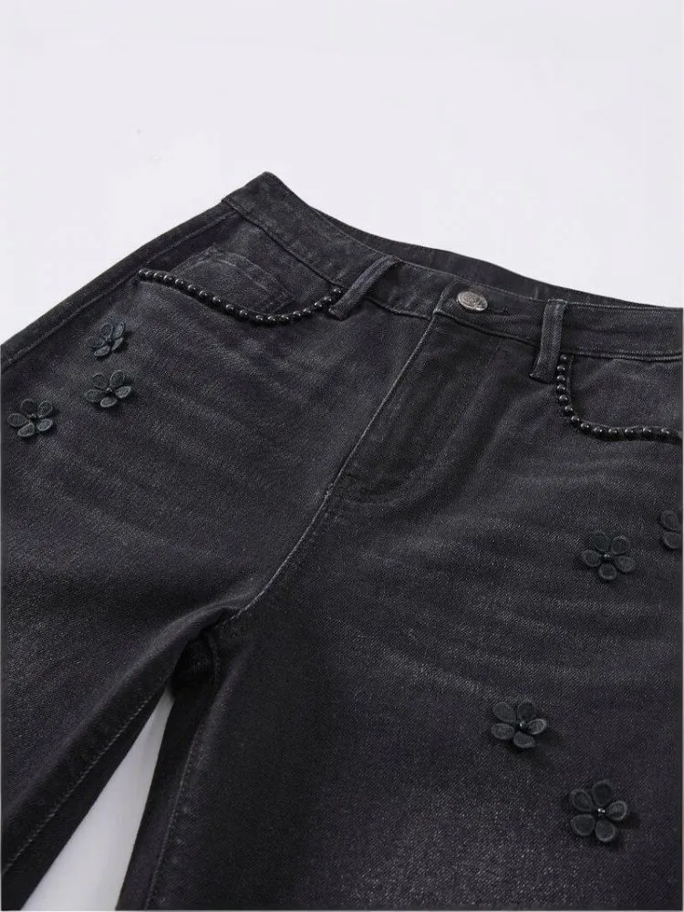 Ladies Button High Waist Wide Leg Denim Pants Female Pockets Top Quality Trousers Spring Women Embroidery Solid Color Jeans