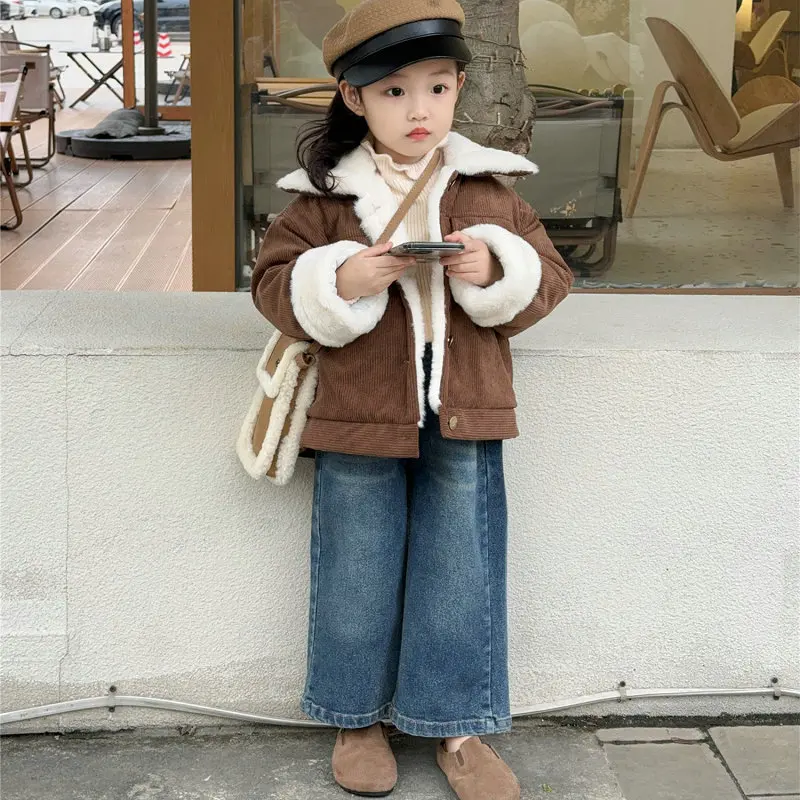 Girls Coat Corduroy Thick Velvet Warmth Single Breasted Top 2024 Autumn and Winter New Children Clothing