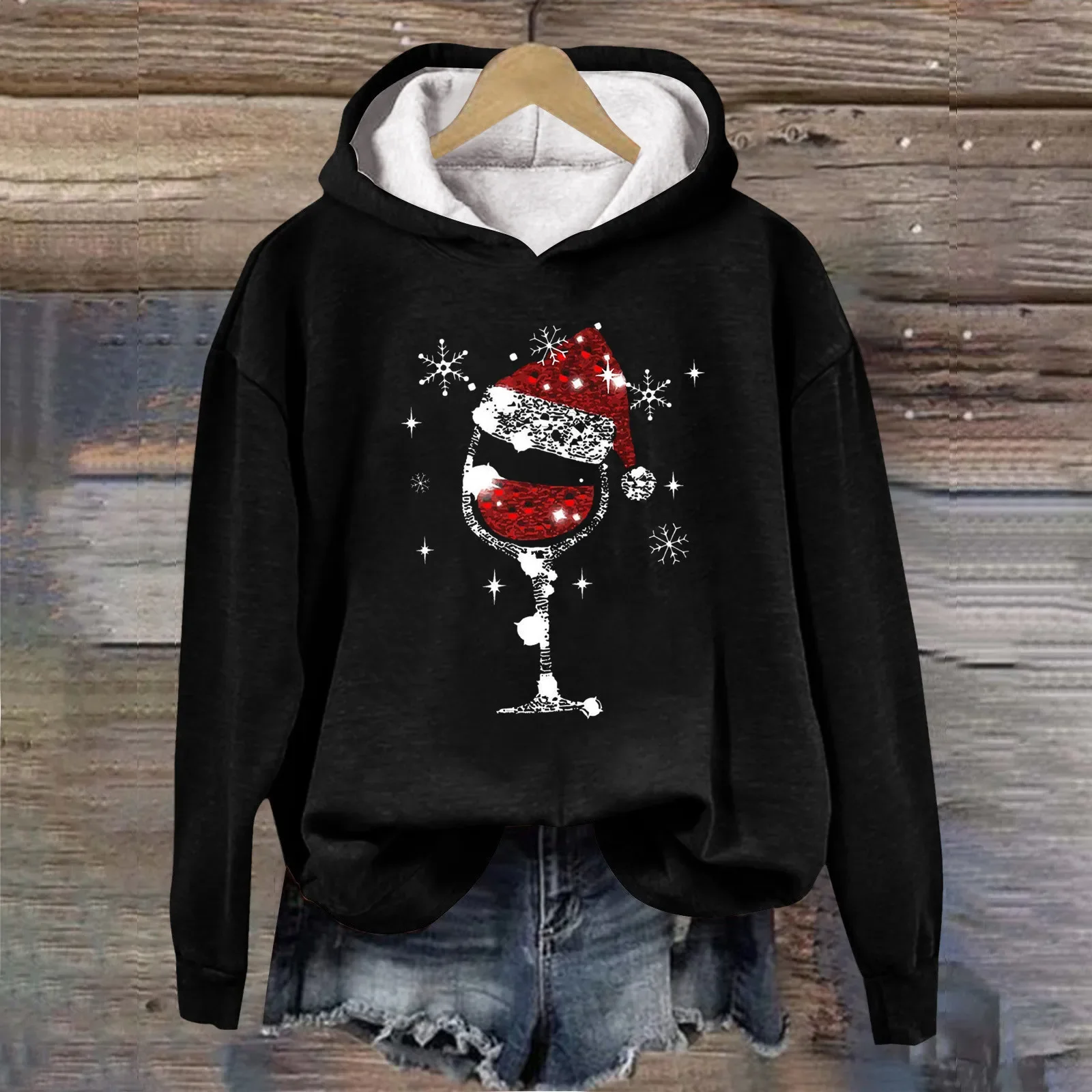 

Wine Glasses Christmas Print Hooded Sweatshirts Women Print Sweatshirt Casual 2023 Autumn Winter Warm Pullover Top Clothing