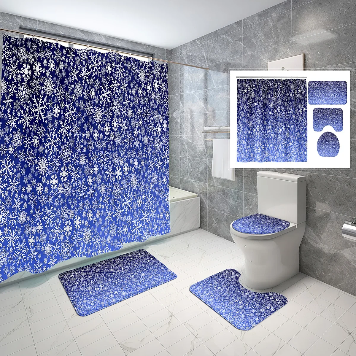 4 Pcs Snowflake Shower Curtain Set Winter Snow Style Blue Background Non-slip Bath Mat Toilet Lid Waterproof Shower Curtain Set