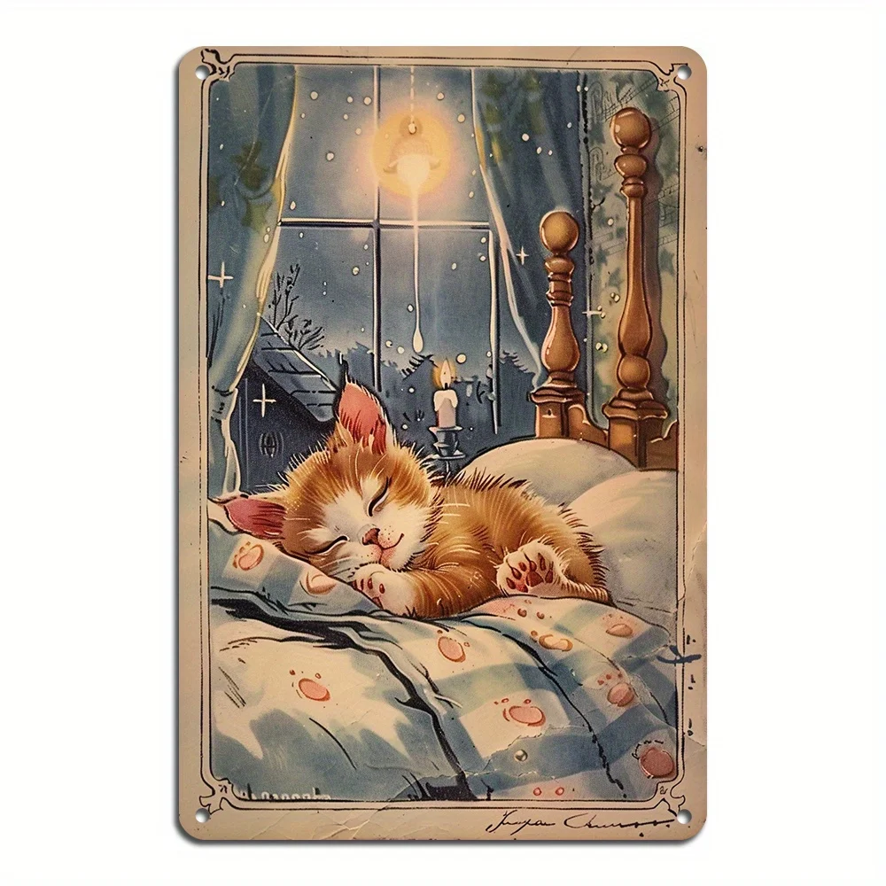 1pc sinal de metal de ferro gato dormindo decoração de parede pré-perfurado à prova de intempéries sinal de arte de gato vintage para casa e ao ar livre amantes de animais de estimação