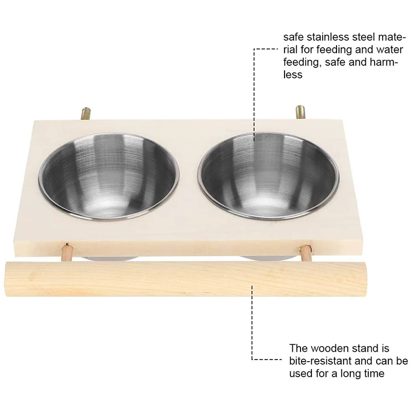 Bird Feeder Stainless Steel Pet Parrot Feeding Bowl with Wooden Stand Feeding Watering Supplies for Birds Double Bowl