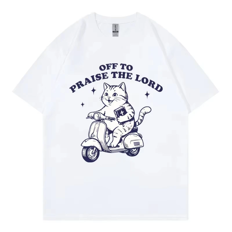 Off To Praise The Lord Christian T Shirt Funny Cat on Scooter with Bible Meme T-shirts Men Women Casual Fashion Loose T-shirt