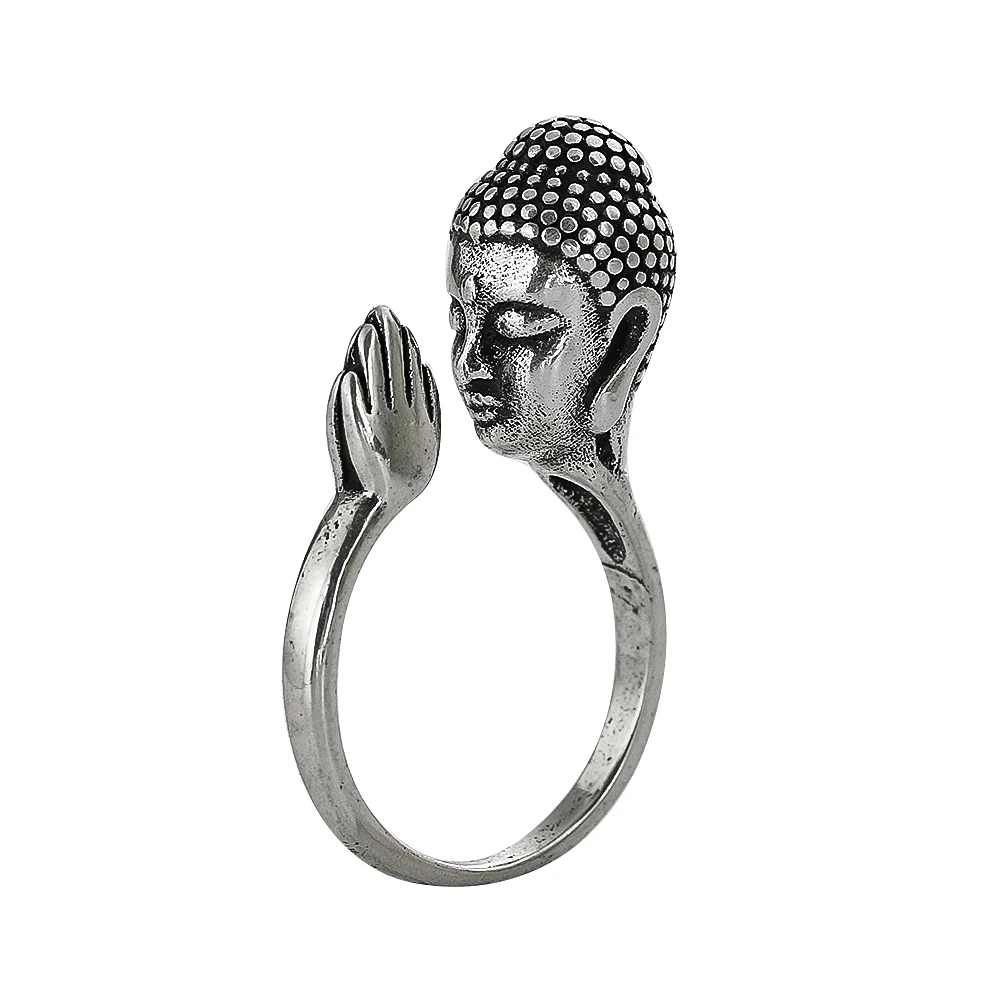 Sakyamuni Buddha Heads Clasp Hands Open Ring Buddhist Lucky Amulet Adjustable Finger Ring Cupronickel Jewelry Gift for Women Men