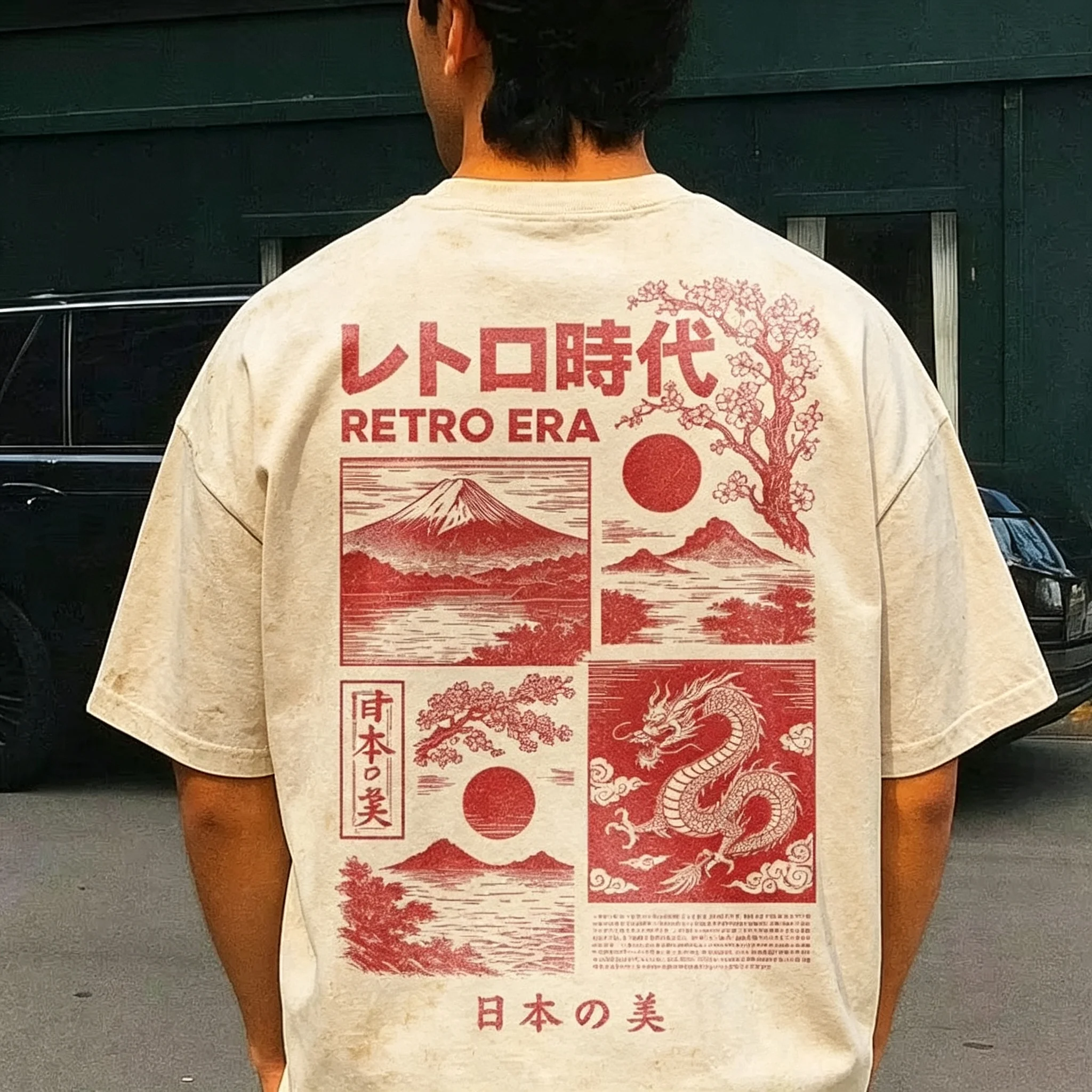 2026 New Family Matching T‑Shirt Japanese Retro Era Dragon Mount Fuji Sakura Ukiyo‑e Back Print Oversized Cotton ShortTops