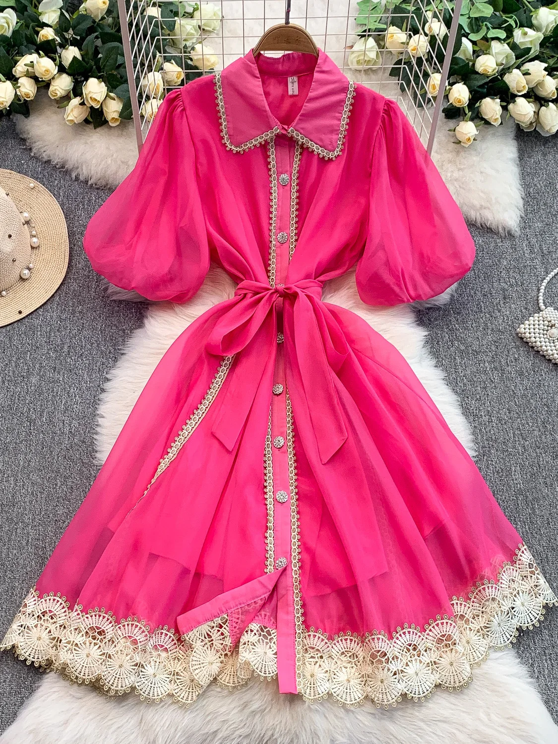 Retro Sweet Lace Trimmed Collar Dr Women's New Single Button Waist Cinching Slimming Midi Skirt Korean Sle Commute