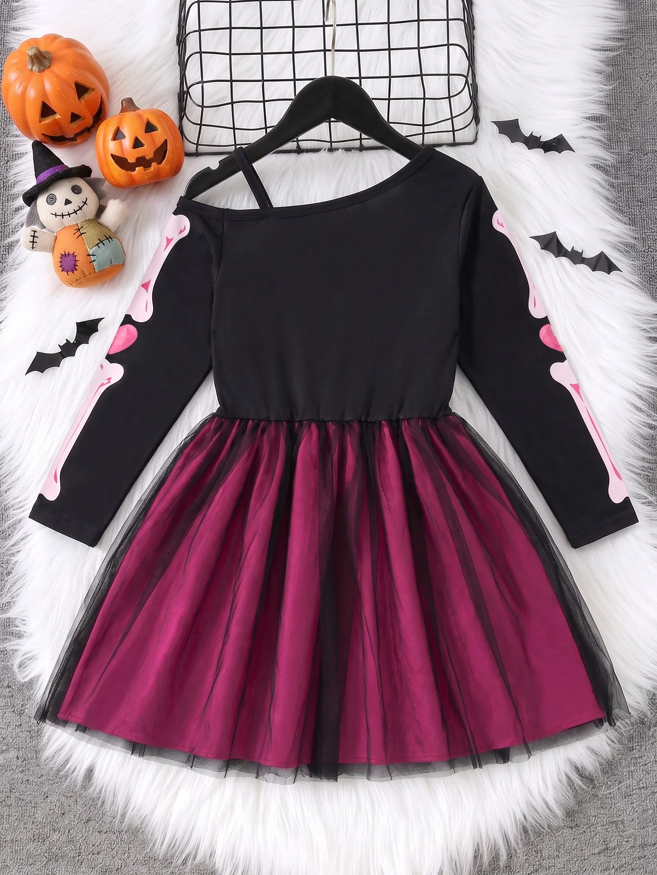Girls Halloween Costume Sweet Cool Skeleton Print Puffy Skirt Dress Children's Party Performance Gown Dress