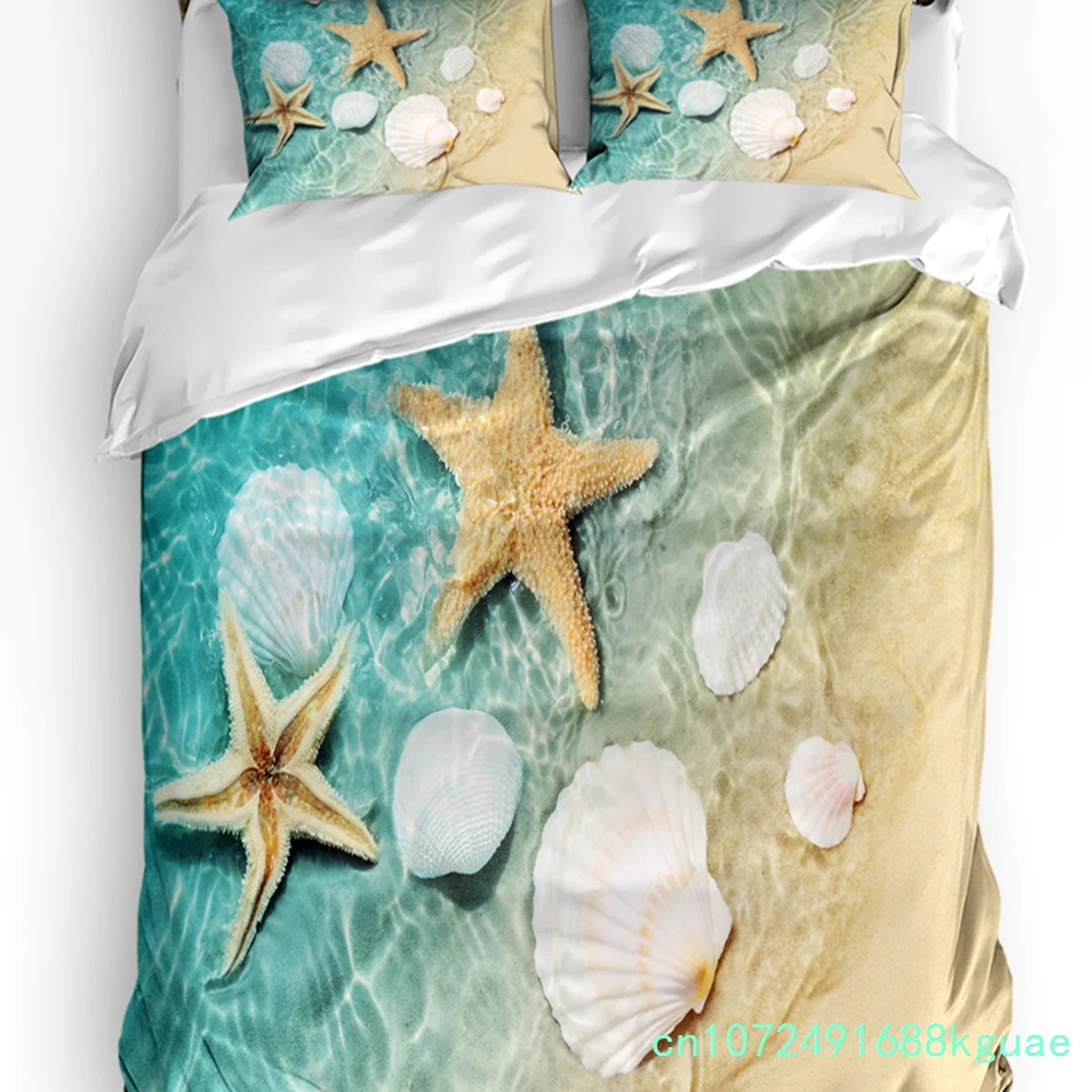 Beach Sea Starfish Shells Green 3pcs Bedding Set For Bedroom Double Bed Home Textile Duvet Cover Quilt Cover Pillowcase