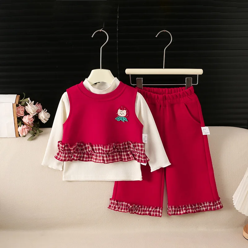 1-6Y Autumn Kids Casual 3Pcs Clothes Girls Cartoon Patch Ruffle Trim Top Solid Color Pants Red Children Set Daily
