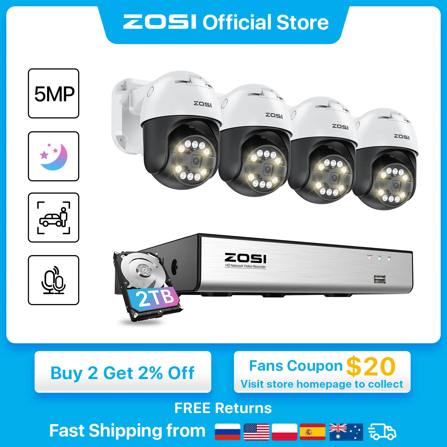 ZOSI PTZ PoE CCTV 보안 카메라 시스템, AI 얼굴 사람 차량 감지, 4K 8CH 확장, 16CH NVR 비디오 감시 IP 캠, 8MP, 5MP