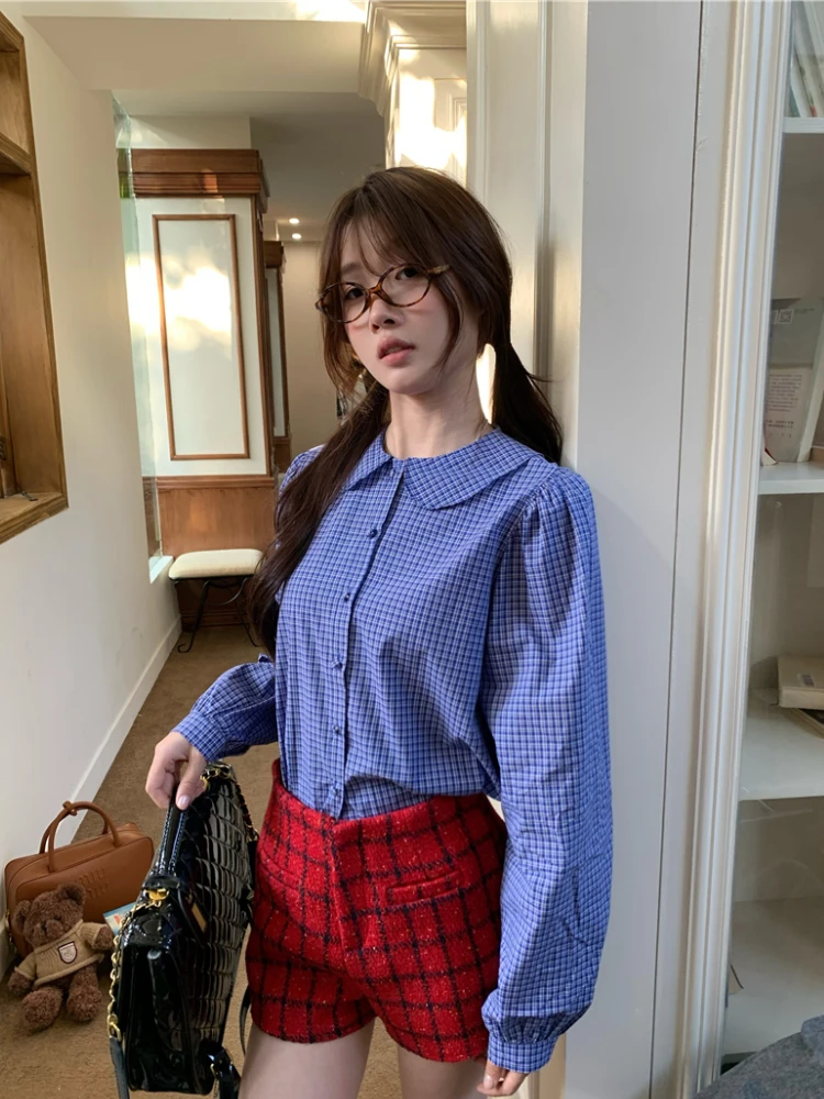 ADAgirl Blue Plaid Shirt Women Kawaii Peter Pan Collar Blouse Female Preppy Style Puff Sleeve Top with Teen Girl Spring Clothes