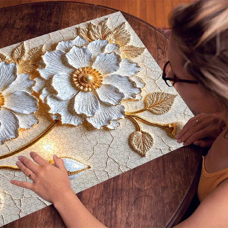 1000 قطعة من أحجية الصور المقطوعة بالزهور البيضاء المزخرفة بالذهب - خدش وجودة عالية، دعابة دماغية عالية المستوى للبالغين - أنيقة H #4