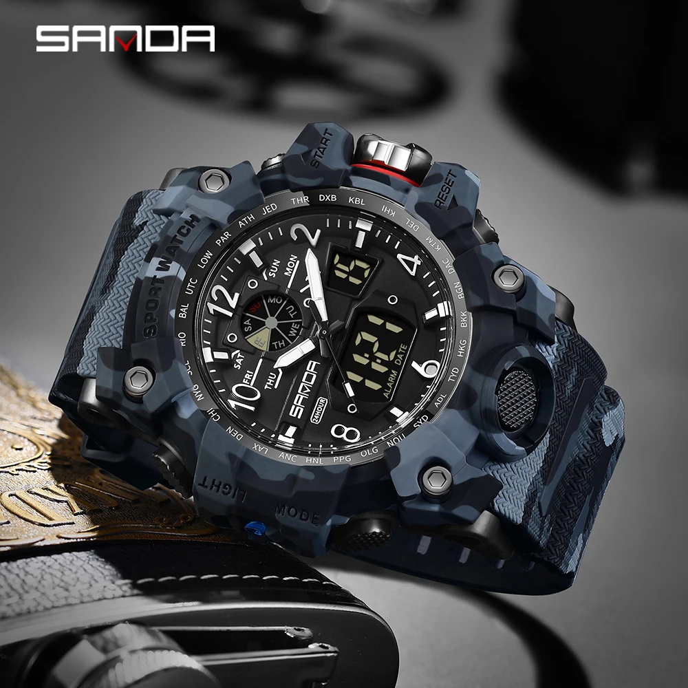 SANDA Sports Military Mens Watch Camouflage LED Digital Watch Outdoor Electron Male Wristwatch Dual Display Quartz Men Clock