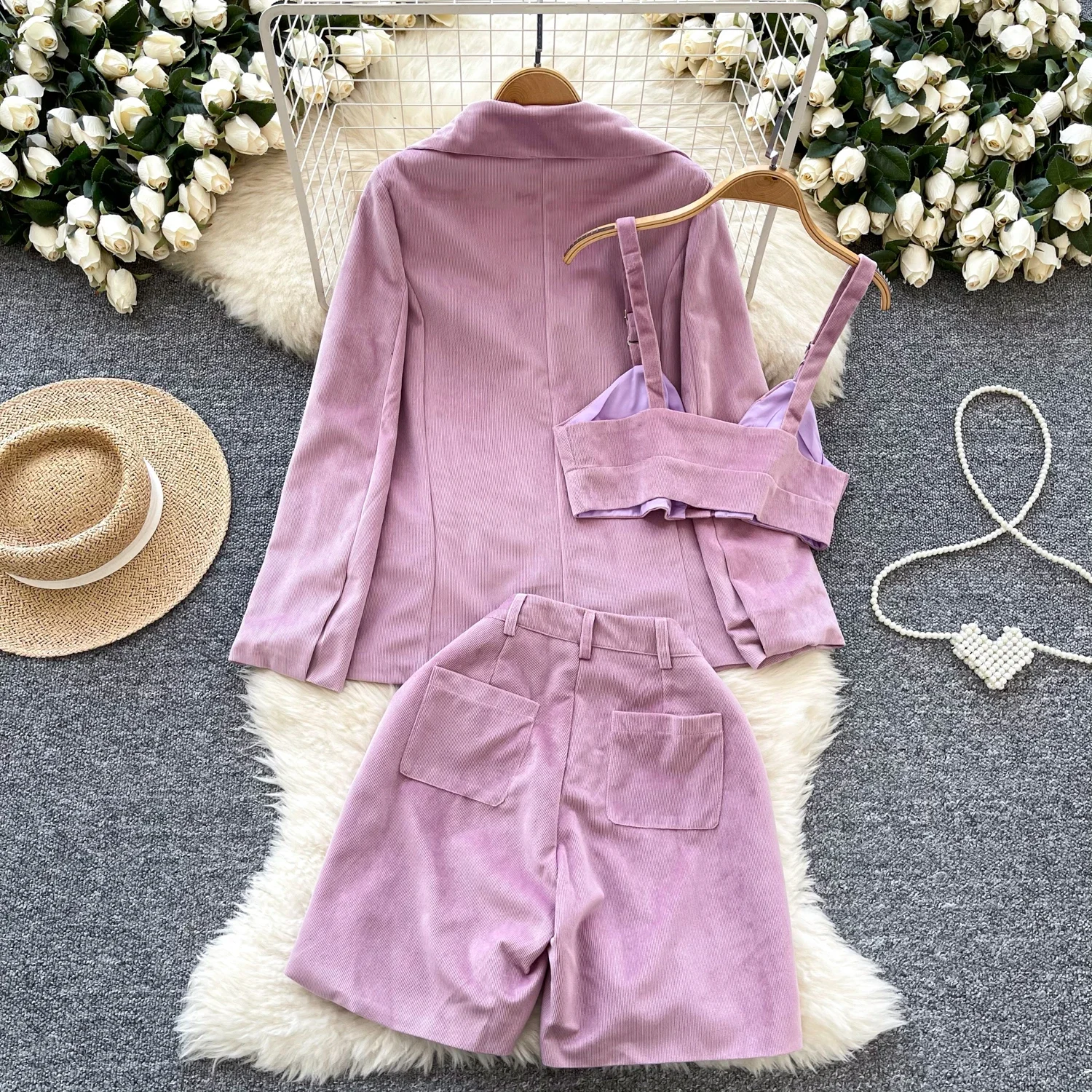 Chic Women Three-Piece Sets Vintage Turn-down Collar Suit Straps Camis Top High Waist Short Pants High Street Autumn Clothing