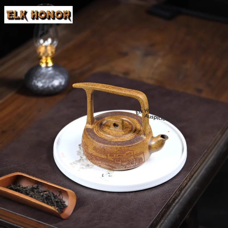 340ml Yixing Loop-handled Teapot Handmade Landscape Pot Raw Ore Gold Sand Kettle Boutique Dragon Bone Zisha Pot Chinese Teaset